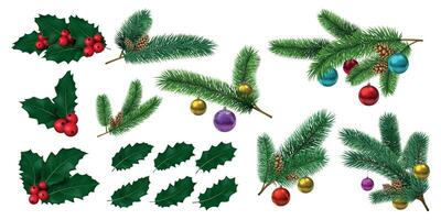 azevinho folhas com vermelho bagas e abeto galhos com Natal bolas. realista visco decoração, pinho árvore cones. natal decoração vetor conjunto