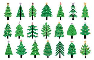decorado Novo ano árvore. moderno desenho animado Natal abeto com decorações, Novo ano natal símbolos do alegre celebração. vetor inverno estação conjunto