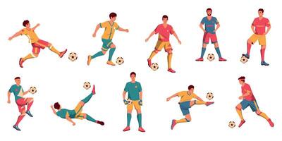 diverso futebol jogadoras. desenho animado diverso masculino personagens jogando futebol, masculino atletas dentro colorida roupa de esporte. vetor coleção