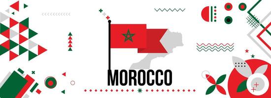Marrocos nacional ou independência dia bandeira para país celebração. bandeira e mapa do Marrocos com elevado punhos. moderno retro Projeto com typorgaphy abstrato geométrico ícones. vetor ilustração.
