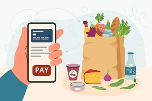 conectados Comida compras através a aplicativo dentro a telefone. telefone dentro mãos e atirando saco com Comida. tecnologia conceito. conectados compras. sem contato Forma de pagamento conceito. vetor