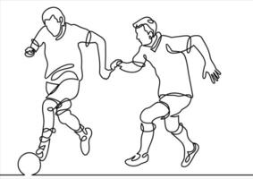 contínuo linha desenhando ou 1 linha desenhando do dois futebol jogadoras embaralhamento para bola vetor