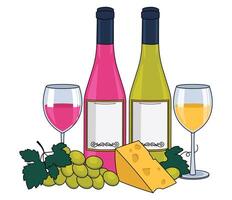 garrafa do rosa vinho e uma garrafa do branco vinho, vinho dentro copos, queijo e uvas. com a contorno. vetor gráfico.