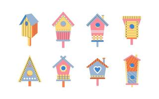 conjunto do colorida gaiola com diferente formas. feito à mão de madeira casa para pássaros. trabalhada casas para pássaros às todos temporadas - primavera, verão, outono, inverno. vetor