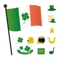 Letras de São Patrício em fita com a bandeira da Irlanda e conjunto de ícones vetor