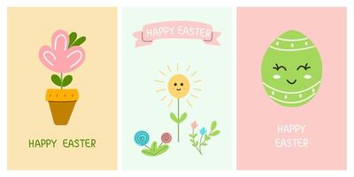 cumprimento fofa cartões para a Páscoa feriado. ovo, Primavera flores para cartazes, cartões, scrapbooking, adesivos vetor