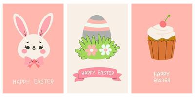 cumprimento fofa cartões para a Páscoa feriado. coelho, ovo, Bolinho. para cartazes, cartões, scrapbooking, adesivos vetor