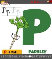 carta p a partir de alfabeto com desenho animado salsinha vegetal personagem vetor