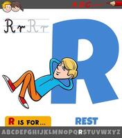 carta r planilha com desenho animado ilustração do descansar frase vetor