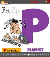carta p a partir de alfabeto com desenho animado pianista personagem vetor