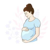 grávida mulher, menina em uma flor galhos fundo. desenho animado, quadrinho vetor desenho, ilustração