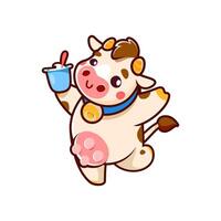 feliz vaca desenho animado personagem dançando com iogurte vetor