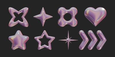 conjunto do ano 2000 geométrico 3d render holográfico formas na moda retro futurista Projeto elementos, infográfico formas. moderno conceito com símbolos e objetos, estrela, coração vetor ilustração para ui e ux