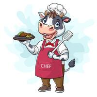 desenho animado vaca chefe de cozinha cozinhando carne vetor