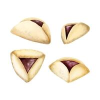 purim tradicional judaico biscoitos oznei Hamã, hamantaschen. conjunto do quatro aguarela vetor ilustração