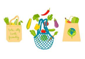 eco bolsas com fruta e legumes vetor ilustração saudável estilo de vida compras