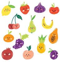 conjunto do mão desenhado frutas dentro desenho animado kawaii estilo. fofa suculento fruta dentro infantil estilo para imprimir, cardápio, crianças jogo. vetor