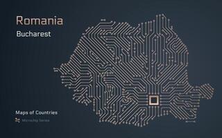 romênia mapa com uma capital do Bucareste mostrando dentro uma microchip padronizar. e-governo. mundo países vetor mapas. microchip Series