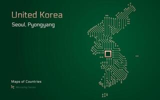 Unidos Coréia mapa com uma capital do Seul, Pyongyang mostrando dentro uma microchip padronizar com processador. e-governo. mundo países vetor mapas. microchip Series
