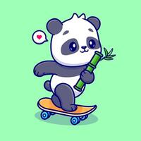 fofa panda segurando bambu em skate desenho animado vetor ícone ilustração. animal esporte ícone conceito isolado Prêmio vetor. plano desenho animado estilo