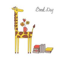 desenho animado girafa, ampla pilha do livros, uma caneca com flores amor do lendo e Aprendendo conceito. africano animal vetor