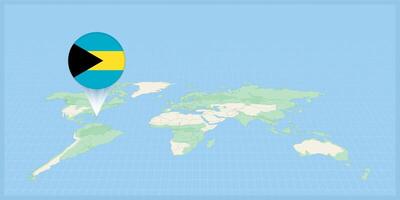 localização do a bahamas em a mundo mapa, marcado com a bahamas bandeira alfinete. vetor