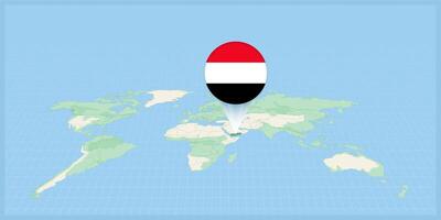 localização do Iémen em a mundo mapa, marcado com Iémen bandeira alfinete. vetor