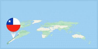 localização do Chile em a mundo mapa, marcado com Chile bandeira alfinete. vetor