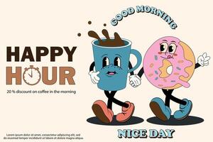 funky groovy desenho animado personagem café feliz hora bandeira. vintage engraçado mascote fragmento psicodélico sorriso, emoção. Projeto arte para cafeteria, bar, restaurante. quadrinho na moda vetor ilustração