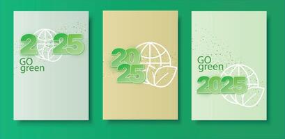 2025 Novo ano. 3 cartão postal modelos relacionado para ecologia e sustentável desenvolvimento. número e globo. ir verde conceito. vetor ilustração