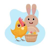 fofa engraçado coelho, frango, cesta com Páscoa ovos. vetor ilustração. modelo para cartões postais.