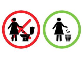 não jogue lixo no banheiro. banheiro sem lixo. mulher joga absorventes no banheiro. por favor, use a lata de lixo para toalhas de papel e produtos sanitários. ícones de proibição. cartaz proibido vetor