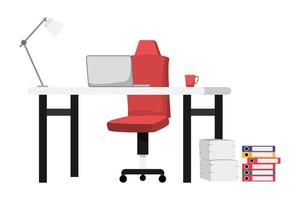 mesa de casa ou escritório com cadeira laptop lâmpada alguns arquivos de papel e pastas de fichário ilustração em vetor moderno estilo plano colorido isolada no fundo branco