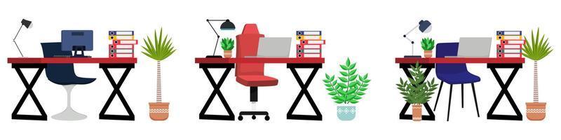linda linda mesa de escritório em casa moderna com cadeira de mesa, laptop, lâmpada de mesa e um arquivo de pasta de papel e com conjunto de mesa de plantas da casa vetor