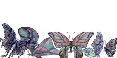 mão desenhado aguarela ilustração borboleta fada asas gema cristal inseto mariposa. ametista esmeralda fluorita Moonstone. desatado fronteira isolado branco fundo. Projeto imprimir, comprar, casamento, aniversário vetor