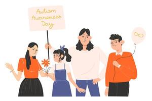 grupo do pessoas em pé juntos com cartazes e símbolos do autismo consciência dia vetor