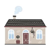 uma pequeno europeu casa com uma Preto porta dentro desenho animado estilo vetor