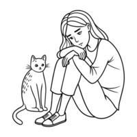 fofa triste solitário menina com gato contínuo linha arte desenhando vetor