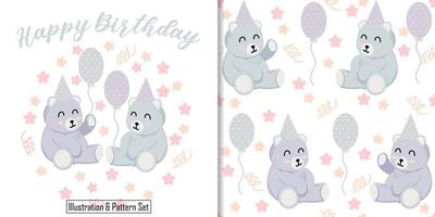 padrão sem emenda de urso fofo com cartão de chuveiro de bebê de desenho animado vetor
