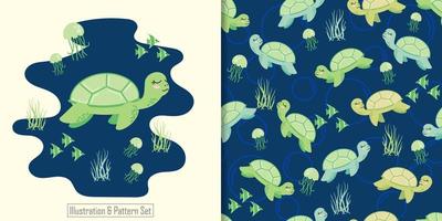 padrão sem emenda de tartaruga fofa com cartão de chuveiro de bebê de desenho animado vetor