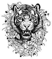 tigre tatuagem com flores, força e gentileza estão forjado juntos através meticulosamente desenhado à mão tatuagens vetor