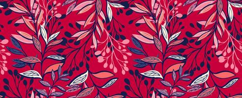 desatado padronizar com abstrato, moderno galhos folhas hastes. criativo tropical floral fundo em uma vermelho fundo. vetor mão desenhado ilustração. modelo para projeto, têxtil, impressão, moda