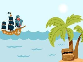 um pirata está navegando em um navio para uma ilha desabitada com um baú de tesouro. conceito de aventura para crianças. ilustração vetorial desenhada à mão vetor