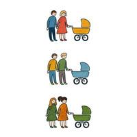 vetor colorida ilustração conjunto do diferente família com recém-nascido bebê dentro carrinho de criança isolado em branco fundo