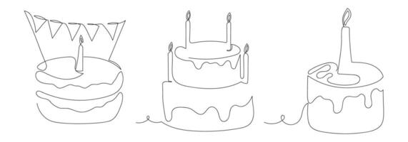 conjunto linha arte bolos. desenhado à mão vetor celebração Projeto.