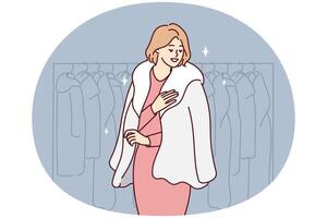 bem sucedido mulher tentando em natural pele casaco carrinhos dentro inverno agasalhos loja. vetor imagem
