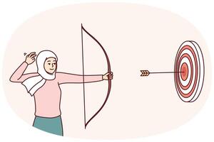 mulher dentro islâmico lenço de cabeça cobertura cabelo fotos às alvo com arco batendo meio vetor