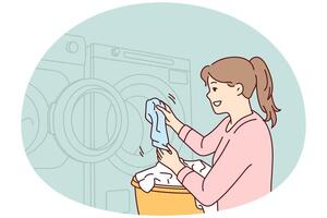 mulher lança sujo lavanderia para dentro lavando máquina para faço lavanderia fresco e cheiro bom. vetor imagem