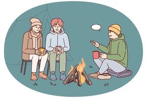 jovem pessoas comunicar enquanto sentado por aí fogueira durante acampamento viagem dentro natureza. vetor imagem