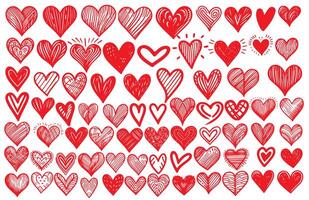 mão desenhado vermelho coração amor rabisco linhas conjunto clipart Projeto ícone diferente corações forma elementos coleção vetor